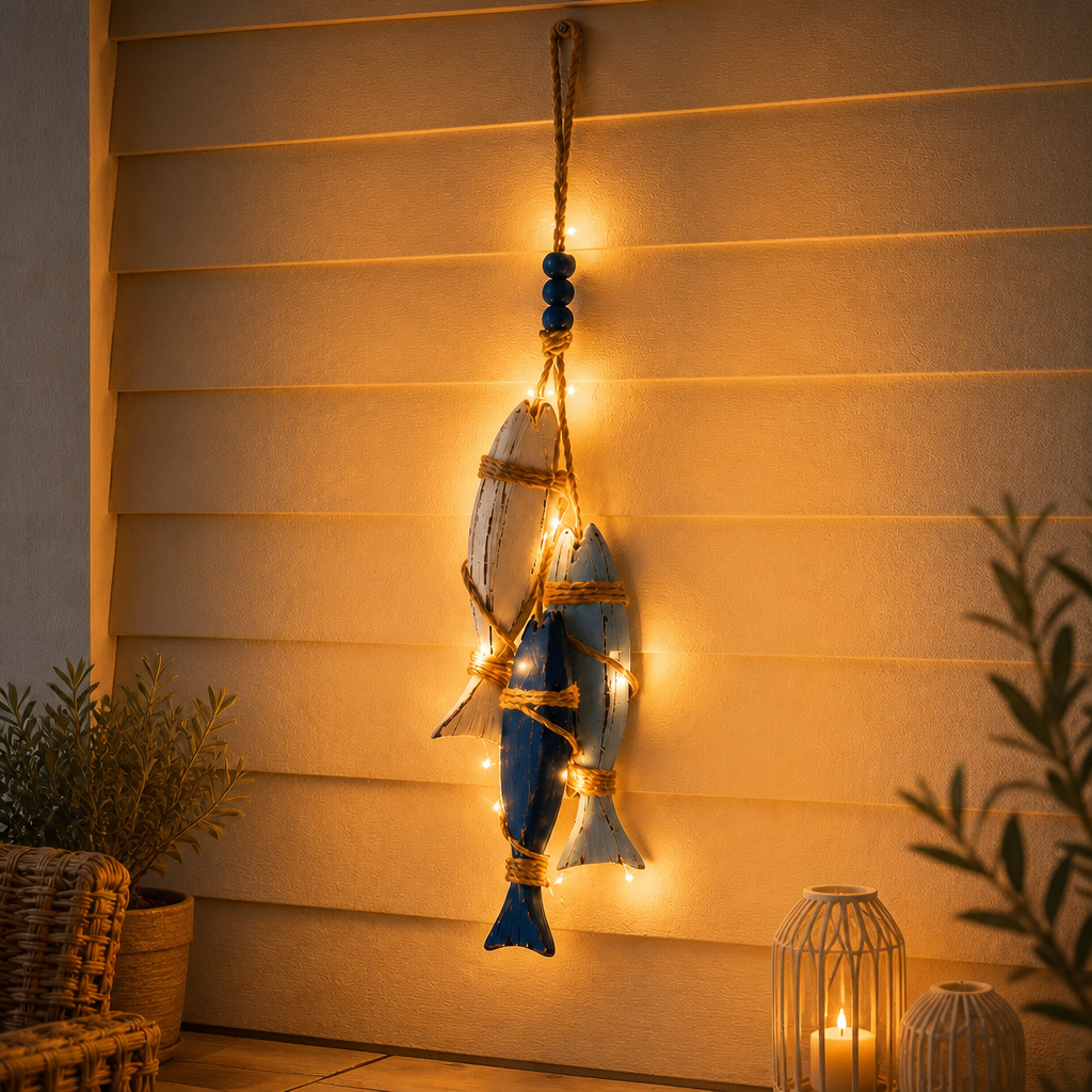 Lighted Coastal Wooden Hanging Decor - Starfish & Fish Wall Ornament