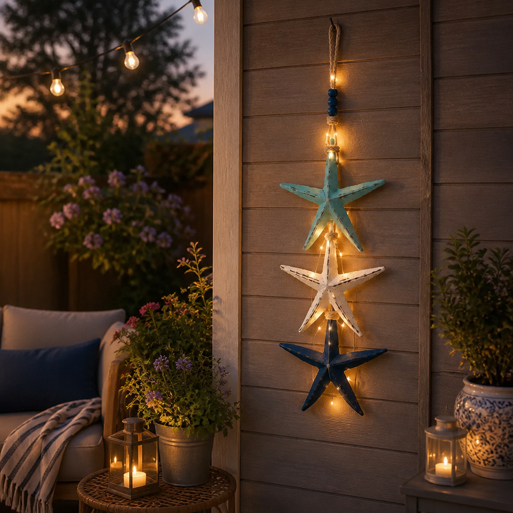 Lighted Coastal Wooden Hanging Decor - Starfish & Fish Wall Ornament