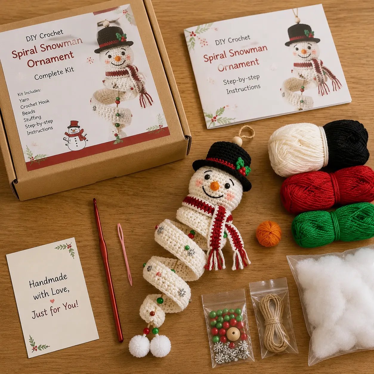 🔥HOT SALE 49% OFF☃️Crochet Snowman Spiral Ornament DIY Kit | Complete Beginner-Friendly Set with Soft Yarn, Crochet Hook, Festive Beads, Snowflakes & Step-by-Step Guide 🧶🎄✨