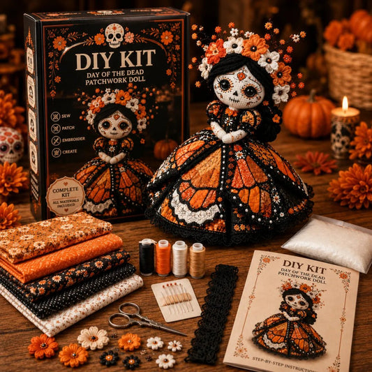 🎃Day of the Dead Patchwork Doll DIY Sewing Kit - Handmade Fabric Doll Craft Kit with Floral Details
