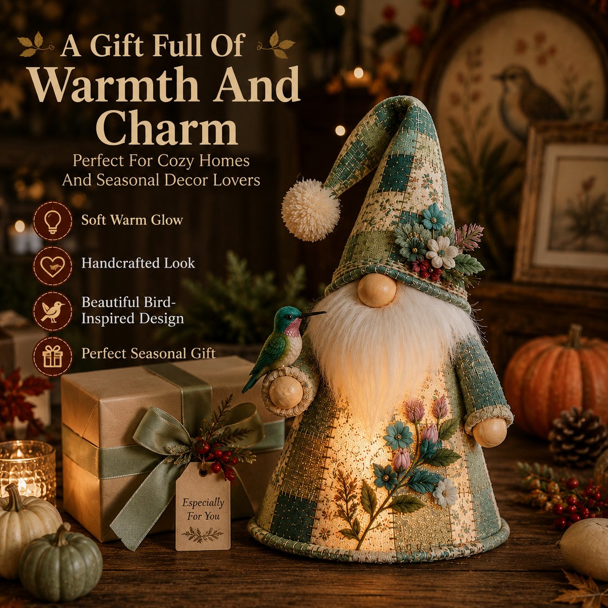 Free Shipping🔥49% OFF – 🐦 Patchwork Bird Gnome Light Collection | Warm Glowing Tabletop Decor with Farmhouse Patchwork Details for Mantels, Shelves & Holiday Gifts ✨