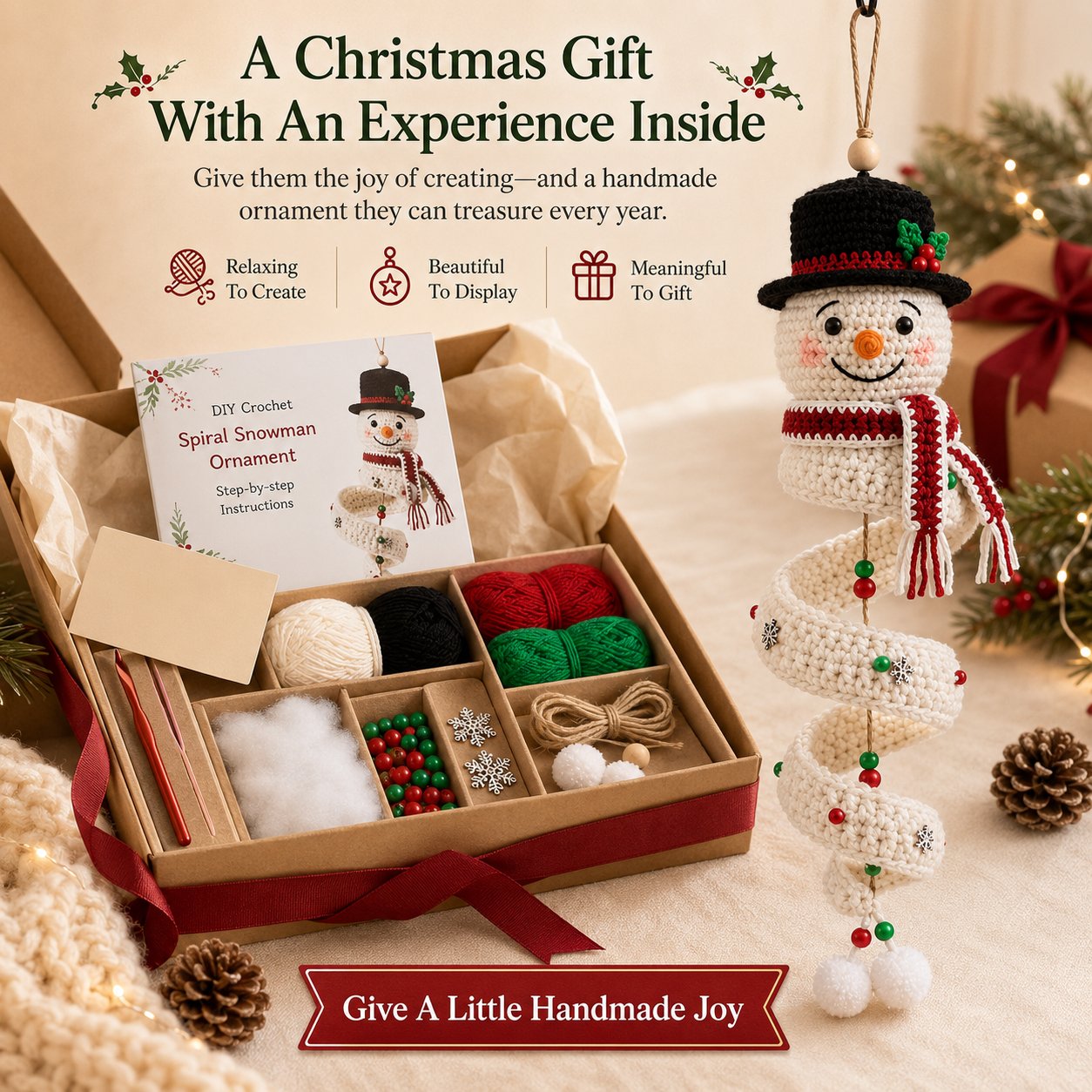 🔥HOT SALE 49% OFF☃️Crochet Snowman Spiral Ornament DIY Kit | Complete Beginner-Friendly Set with Soft Yarn, Crochet Hook, Festive Beads, Snowflakes & Step-by-Step Guide 🧶🎄✨