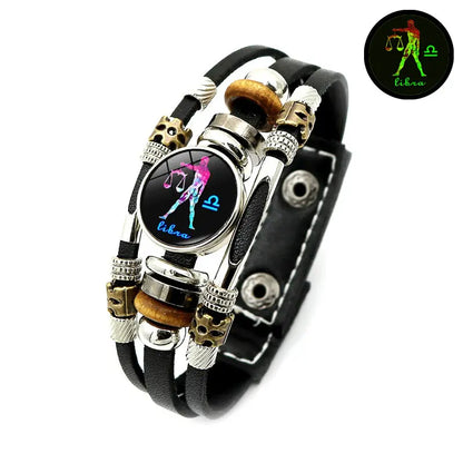 Glow-in-the-Dark 12 Leather Zodiac Bracelet for Men and Women