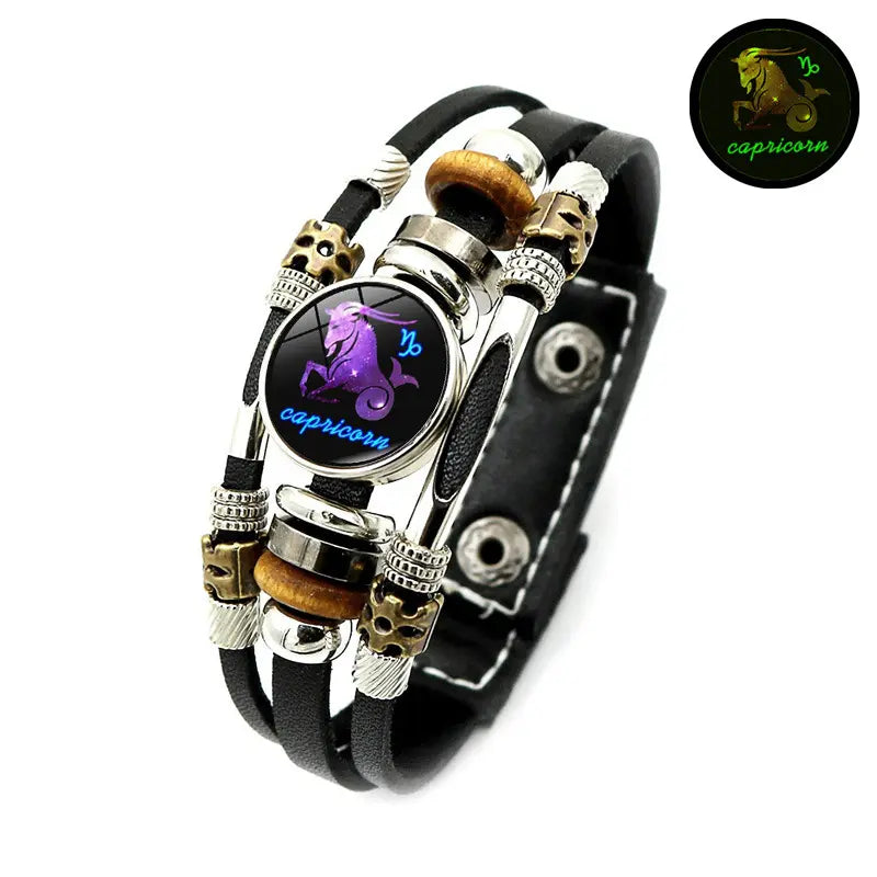 Glow-in-the-Dark 12 Leather Zodiac Bracelet for Men and Women