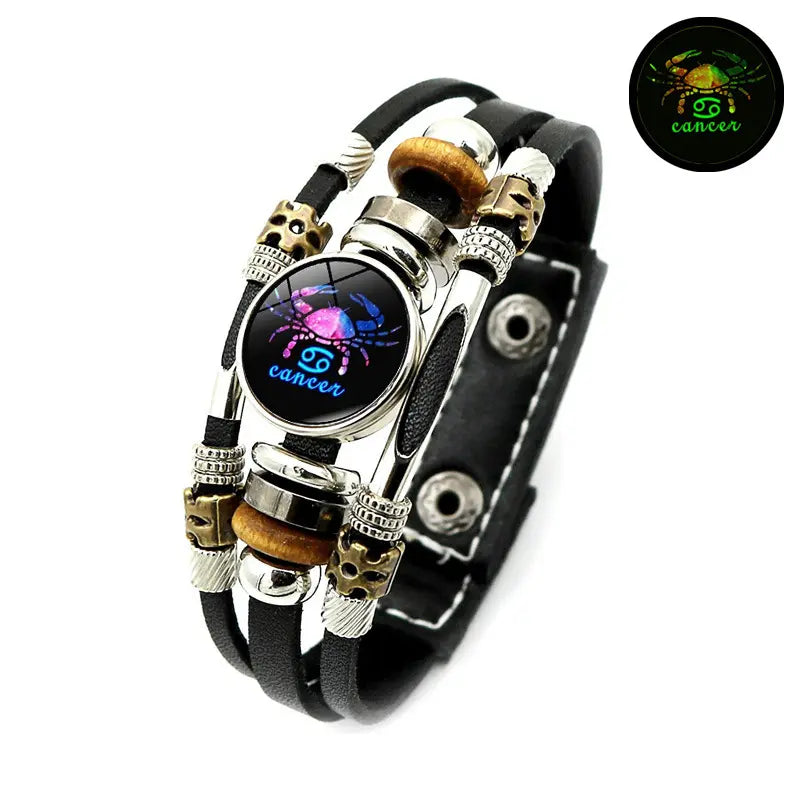Glow-in-the-Dark 12 Leather Zodiac Bracelet for Men and Women