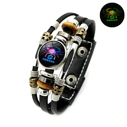 Glow-in-the-Dark 12 Leather Zodiac Bracelet for Men and Women