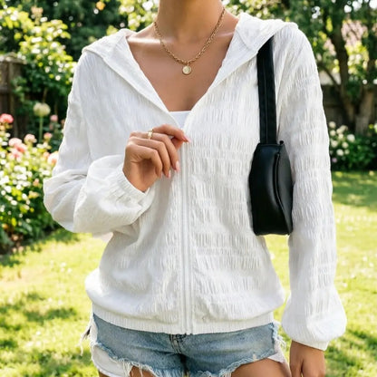 Women's Lightweight Hooded Zip-Up Sun-Protection Jacket – Solid Color, Loose Fit, Casual Long-Sleeve Style (Spring/Summer)