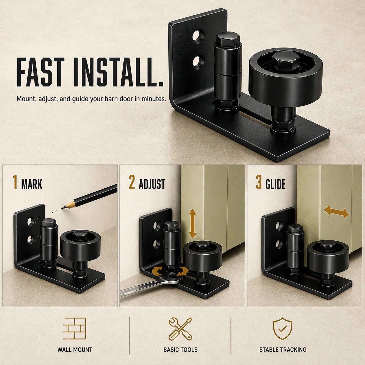 8-in-1 Adjustable Barn Door Floor Guide – Wall-Mount Stay Roller for Smooth, Stable Sliding