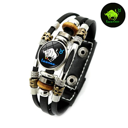 Glow-in-the-Dark 12 Leather Zodiac Bracelet for Men and Women