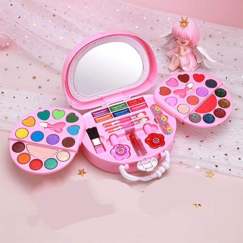 💄 50 % RABATT NU! 🎀 Tvättbar sminkleksaksset för barn med bärbar rosa handväska – säkra formler, vikbara paletter & komplett kit – perfekt present för små fashionistas ✨