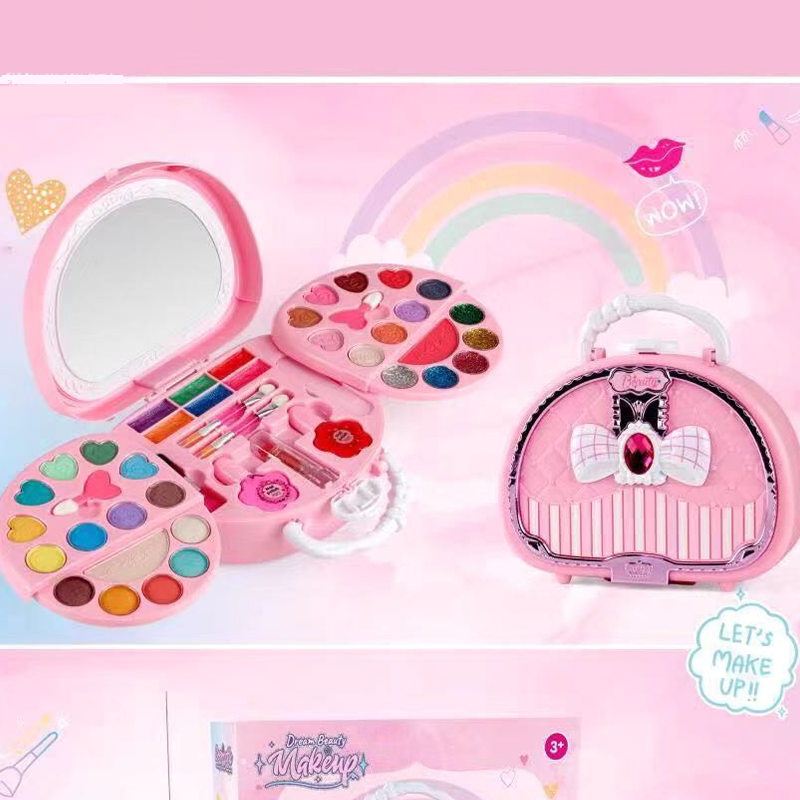 💄 50 % RABATT NU! 🎀 Tvättbar sminkleksaksset för barn med bärbar rosa handväska – säkra formler, vikbara paletter & komplett kit – perfekt present för små fashionistas ✨