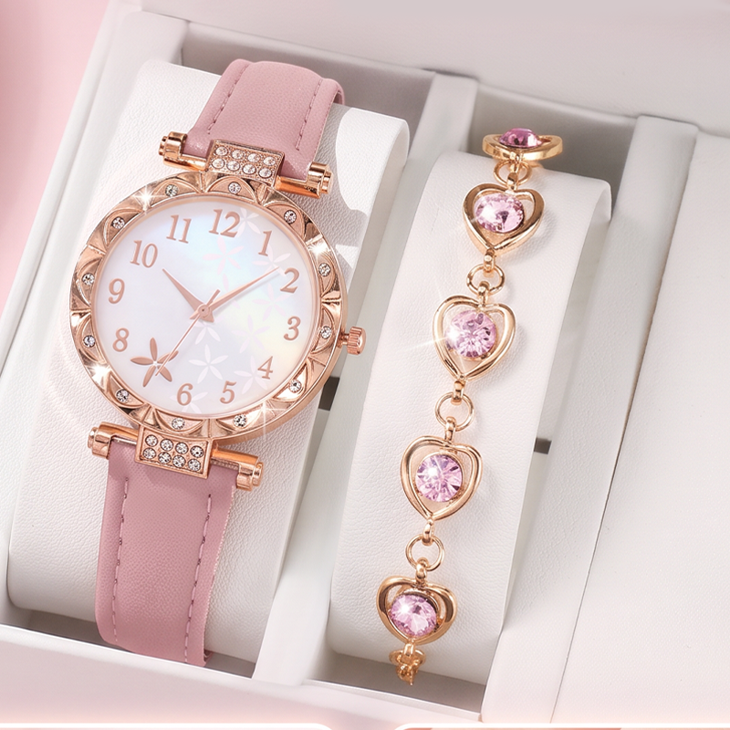 Women‘s 5-Piece Quartz Watch & Jewelry Set – Elegant Dress Watch with Floral Pattern, Matching Bracelet, Necklace, Earrings & Ring – Perfect for Birthday, Anniversary, Mother’s Day