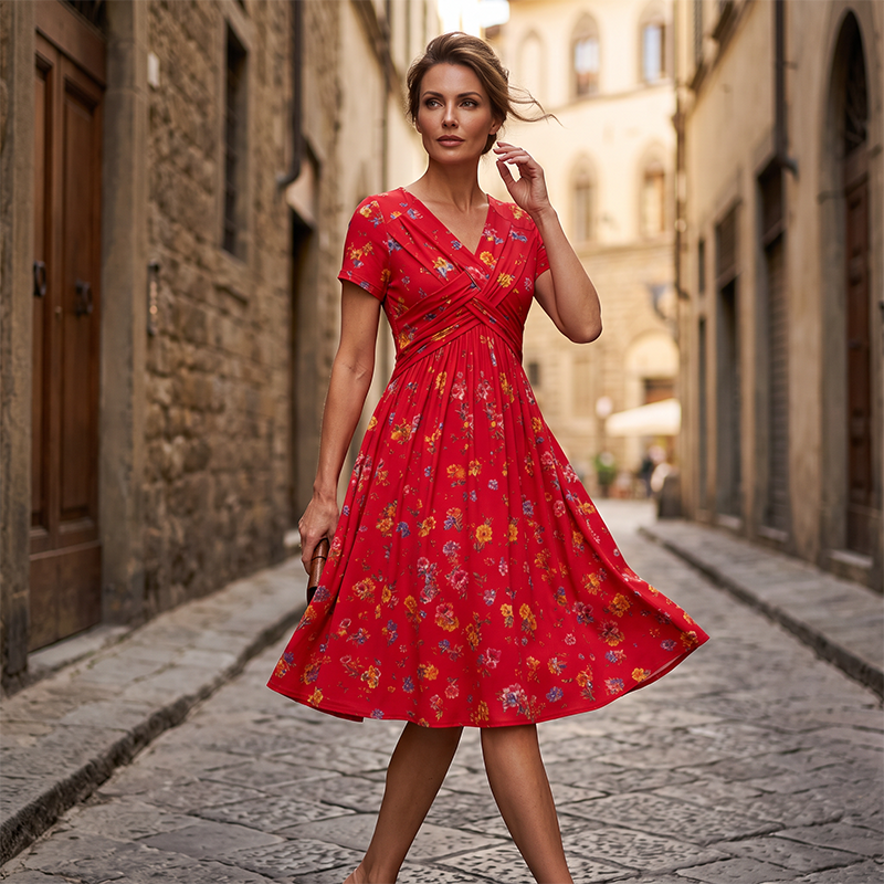 😍 2026 NEW SALE – 46% OFF 🌸 Women's V-Neck Floral Print Dress with Twist Waist – Elegant & Flattering Summer Dress ✨