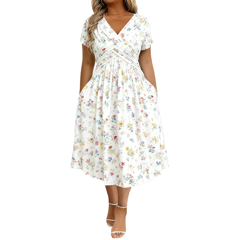 😍 2026 NEW SALE – 46% OFF 🌸 Women's V-Neck Floral Print Dress with Twist Waist – Elegant & Flattering Summer Dress ✨
