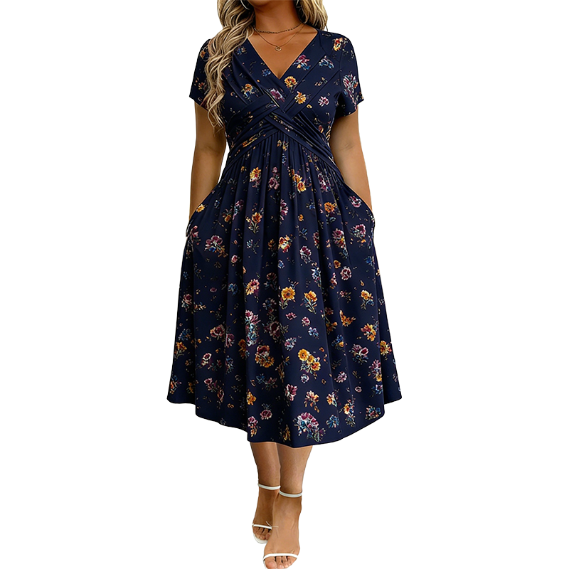 😍 2026 NEW SALE – 46% OFF 🌸 Women's V-Neck Floral Print Dress with Twist Waist – Elegant & Flattering Summer Dress ✨